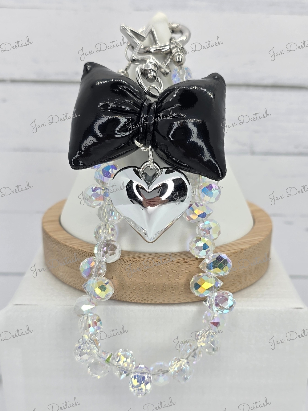 Iridescent Beaded Black Bow & Silver Heart Phone/Key Lanyard CH4374